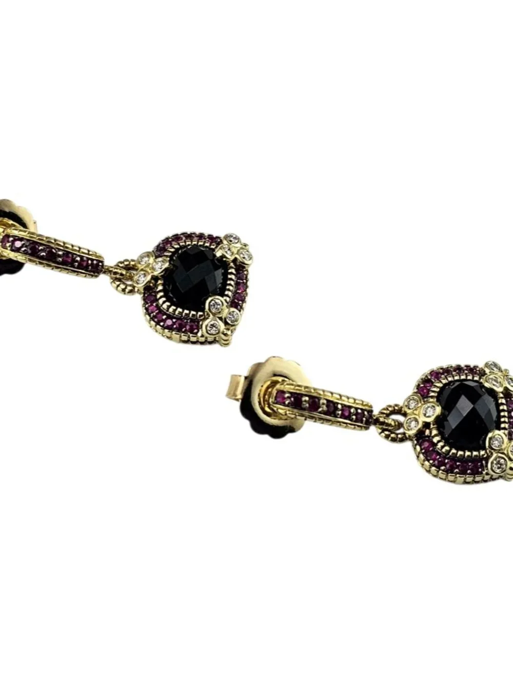 Judith Ripka 18K Gold Black and Red Stones Diamond Dangle Earrings #25487